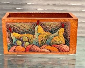 $95 - Painted ceramic box; signed; 4"H x 7"W  x 3.5"D 