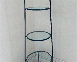 $295 - Wrought iron etagere; 3-tier stand with glass shelves; 61"H x 23"W x 23"D