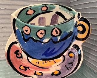 $125 - Original Kathryn Youngs (Canadian b. 1952) Studio art coffee cup vase - approx 10" tall - signed; 9"H x 9.5"W x 3"D 