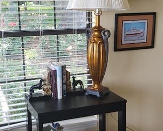 Small black table, lamp, decor