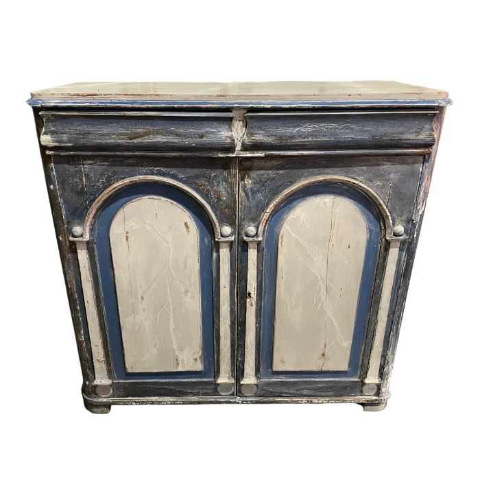 Distressed Blue and White Painted Cabinet