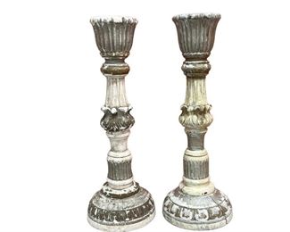 Large Distressed Wooden Candlesticks