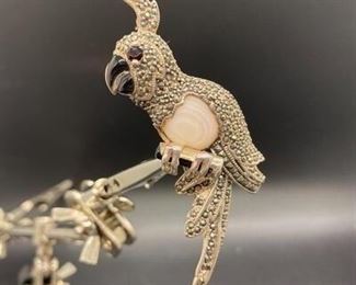 Vintage Sterling Silver Cockatoo Parrot Marcasite Moonstone Brooch Pin