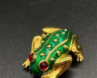 Vintage Goldtone Green Enamel Carolee Frog Pin Brooch