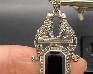 925 Sterling Silver Marcasite Onyx Cat Pendant Charm