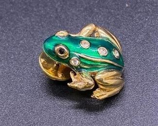 Goldtone Green Enamel Frog Toad Lapel Pin