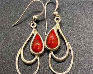 Silvertone Drop Dangle Earrings with Polished Red Stone