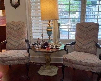 Pair of flame stitch chairs, vintage end table and lamp