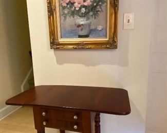 Small drop leaf table, framed painting 