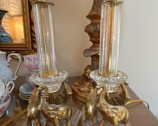 Pair of glass lamps with brass elephants 