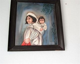 Lady with Baby, J. Contreras Original Canvas Art. Framed. (21'x19.5')