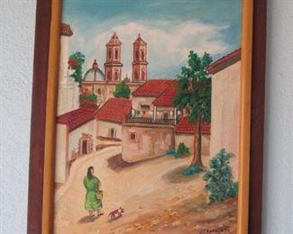 Canvas of Village, J. Contreras Original Canvas Art. Framed. (22'x17')