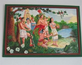 Mayan Village, 'Mayas', J. Contreras Original Canvas Art. Framed. (27'x39')