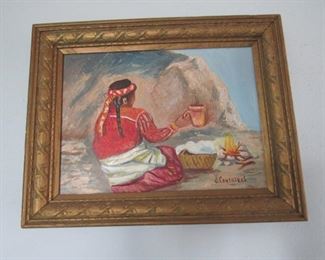 Native American by Campfire, J. Contreras Original Canvas Art. Framed. (12'x15')