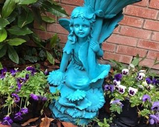 Cherub Bird Bath and Two Potted Pansies