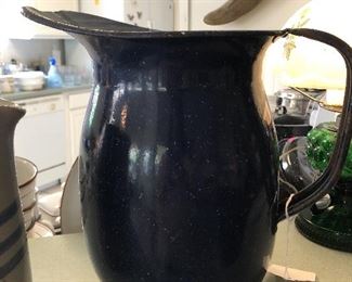 USN WWII Geuder Paechke & Frey Large Blue Enamel Graniteware water pitcher.