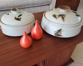 Danish ceramic salt and pepper shakers. Mid century Japanese pottery covered bowls.