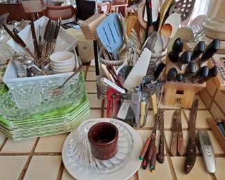 Vintage Melamine trays, Henkel knives, kitchen tools