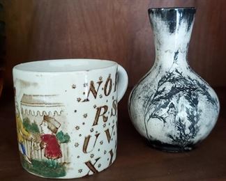 Antique Staffordshire child's cup, Fred Devlin pottery bud vase