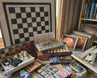 Games, chess sets, vintage framed NASA photos