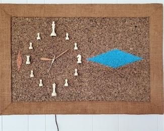 Mid century clock. Corkboard and chess pieces