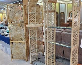 Rattan shelving, room divider, mirrors....