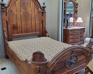 ABSOLUTELY BEAUTIFUL!!  Originally purchased by the Country Spanish Shop in Jackson, MO - from an estate in St. Louis.  From the 1920's.  Considering the age, in excellent condition!  This bed is being sold as part of a three piece set (bed, dresser, mirror).  We will be taking bids until the beginning of our estate sale on June 16 at 12:00 pm.  Please send bids to tdaachilders@yahoo.com.  There is a reserve price.  If reserve is not met by that time, a price will be posted for immediate purchase.  