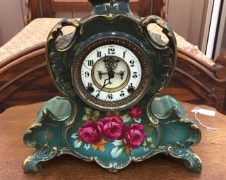 Vintage Ansonia porcelian rose floral clock - working.