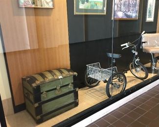 Vintage trunk, bike, barber stool!