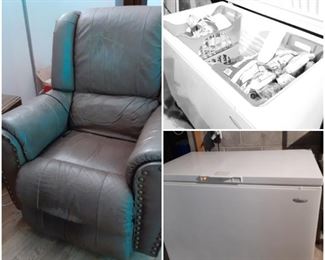 Grey Leather Recliner and Whirlpool chest freezer