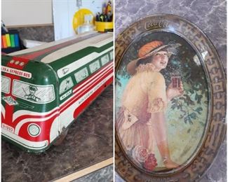 1950's Wolverine Tin Bus Toy,  1916 Elaine Old Coke Tip Tray
