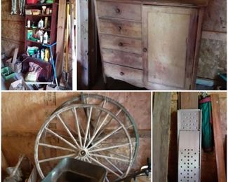Misc., Old chest to upcycle, Wooden Wagon Wheels, Lawn Spreader, Wheel ramps for loading on trucks or trailers