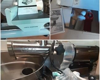 Food Slicer, Brand new in the box Tomato and Fruit strainer,  Cabela Grinder with some of the attachments
