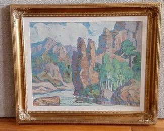 Red Rock Canyon by Birger Sandzen | Art Print | Gallery Ellington. 1981 | 19.25"x23.25" | Gold Wood Frame.
