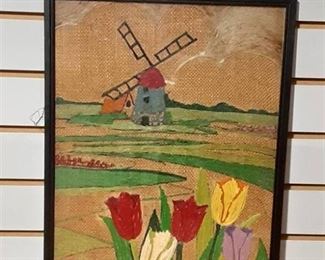 Vintage Tulips and Windmill | String Picture on Gunnysack | 1955 | 16.75"x12.75" | Black Wood Frame