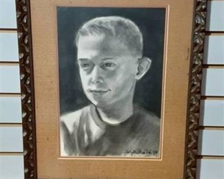 Signed Portrait of a Young Man | Charcoal/ Graphite Sketch | Lucifer Scratch | 20.5"x16" | Carved Wood Frame