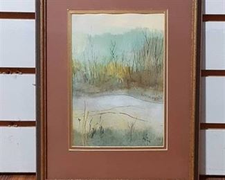 Vintage Landscape Field and Trees | Unsigned | 12"x9" | Wood Frame