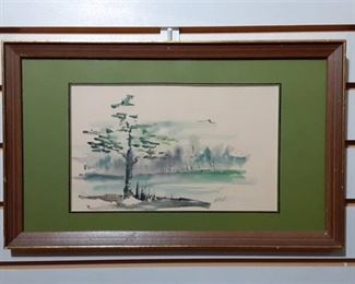 Signed Lake and Trees | Watercolor Painting | W.Stephens | 10.25"x16.5" | Wood Frame