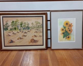 Vintage Lot of 2 Kansas Artworks-"Kansas Sunflowers" by Lucille S. Leisy & "Near Hutchinson" | Watercolor Paintings | 12.25"x10" , 12"x15" | Framed