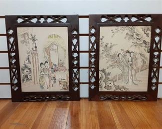 Vintage Pair Chinese Ink | Prints | 15.5"x12.5" | Ornate Wood Frames