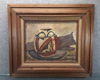 Signed Native American Pottery By Kathy Fury | Watercolor Painted | 19.25"x22.25" | Wood Frame