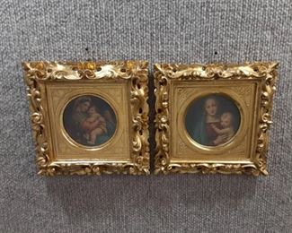 Vintage Pair Mary and Baby Jesus | Prints | Made in Italy | 7"x7" | Gold Gilt Carved Wood Frames