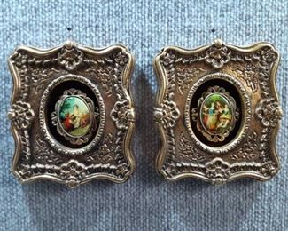 Vintage Pair Mounted Cameo Paintings | Porcelain | 6"x5" | Gold Plaster Frames