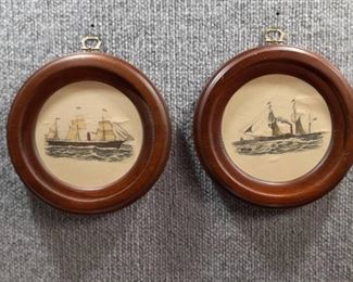 Vintage Pair Porthole Sailing Ships | Prints | 7.25" Diameter