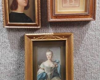 Vintage Lot of 3 Small Classical Art Pieces. | Oil and Board Portrait, Lithograph, and Print. | Wood Frames