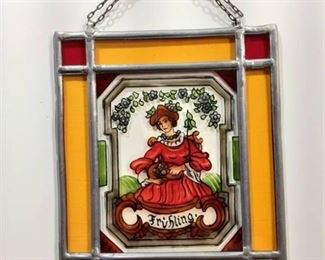 Vintage "Fruhling" Sun catcher | Hand Painted Stained Glass | 8"x6.75" | Metal Chain Hanger
