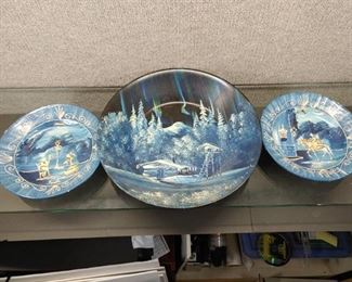 Vintage Set of 3 Acrylic Painted Decorative Bowls | 2 are ceramic, 1 is metal | Large 12", Small 7.75"