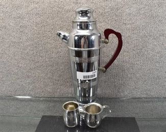 Vintage Silver Metal Coffee Pot with Red Lucite Handle and Two Silver Metal Creamers | 13" H