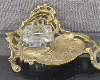 Vintage Brass/Glass Inkwell | 8.5" L