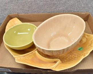 Vintage Lot of 3 Ceramic/Pottery Pieces | Fish Dish by Ball-Jae of California, Small Green Bowl by Iroquois, Tan Oval Bowl by Maeger | Fish Dish 15.75"